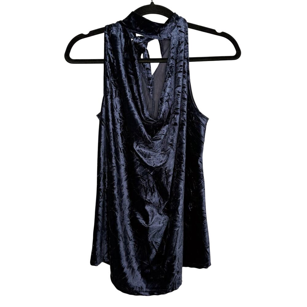 Lola & Sophie S Navy Blue Crushed Velvet Cowl Neck Cut Out Sleeveless Blouse